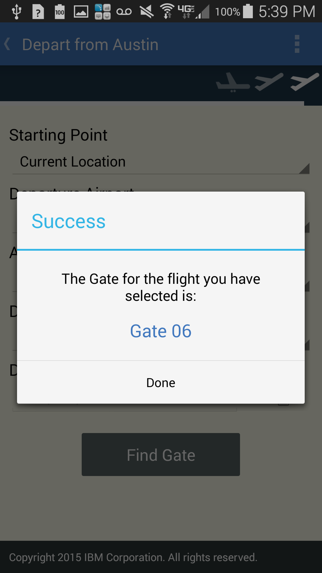 Screenshot of found gate from IBM Accessible Airport App