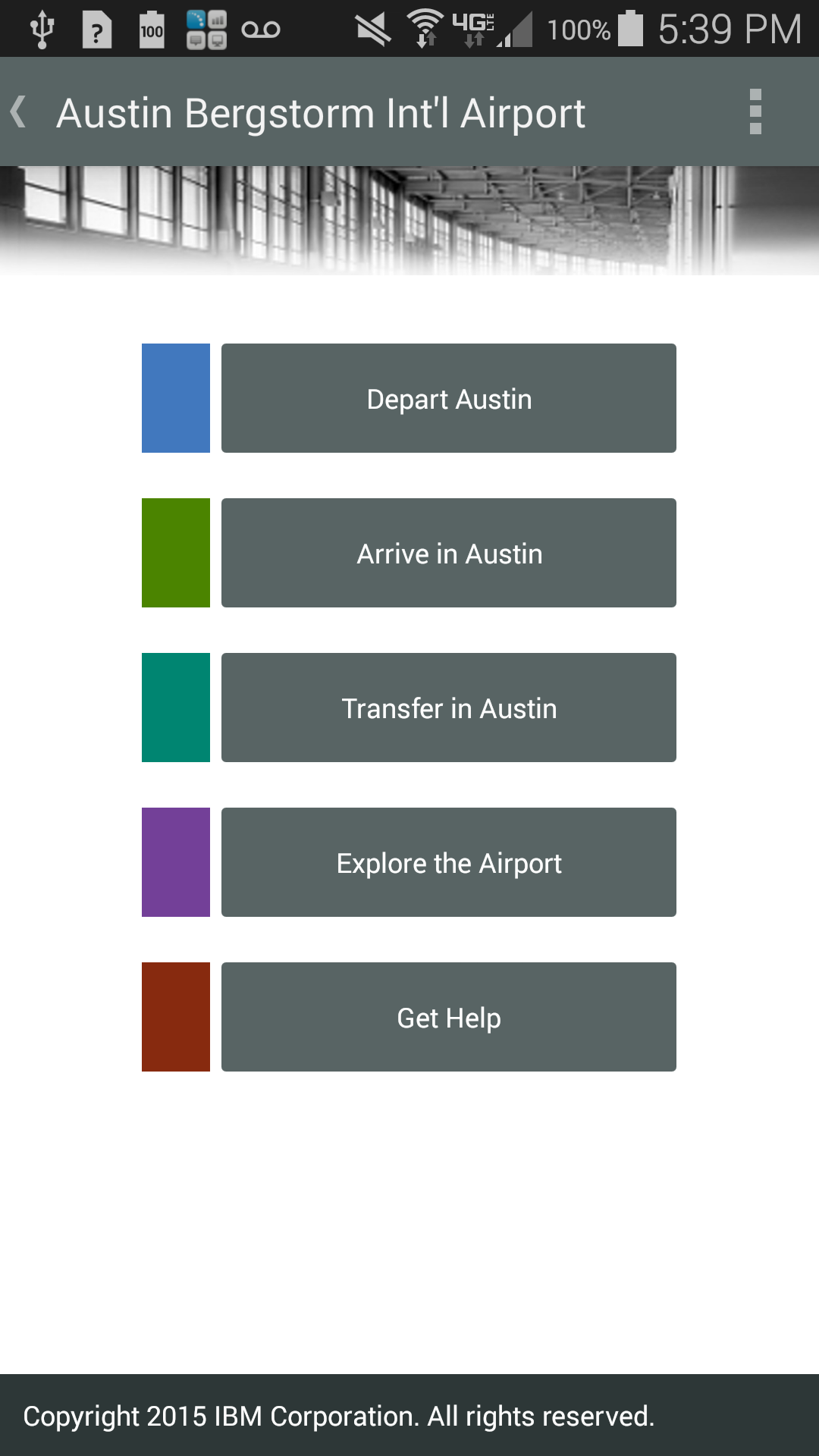 Screenshot of home screen from IBM Accessible Airport App